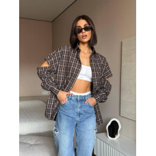 Рубашка женская клетка с рваными рукавами (oversize) Модель: 1425-1059 Цвет: шоколад, светлый беж