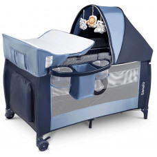 Манеж кроватка Lionelo Sven Plus blue navy с пелинатором, москиткой, капюшоном, игрушками