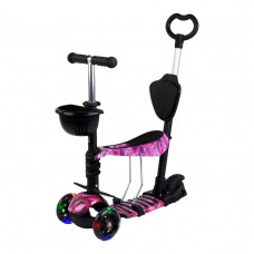 Трехколесный детский самокат Scooter 5 в 1 "Розовый космос" с сиденьем,родительской ручкой и корзинкой 1+
