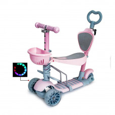 Трехколесный детский самокат Scooter 5 в 1 "Розовый" с сиденьем, родительской ручкой и корзинкой 1+ 18-3pink
