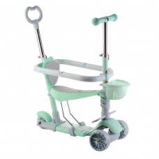Трехколесный детский самокат Scooter 5 в 1 "Мята" с сиденьем,бортиком,родительской ручкой и корзинкой 1+