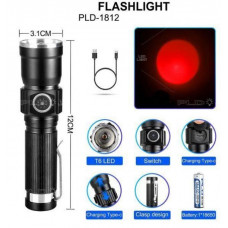 Фонарь ручной PLD-1812-T6 (red), индикация заряда, 1x18650, ЗУ Type-C, zoom, Box фонарик аккумуляторный