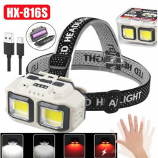 Налобный светодиодный фонарик HX-816S-2COB (white+red), Waterproof, 1x18650, ЗУ Type-C, Box